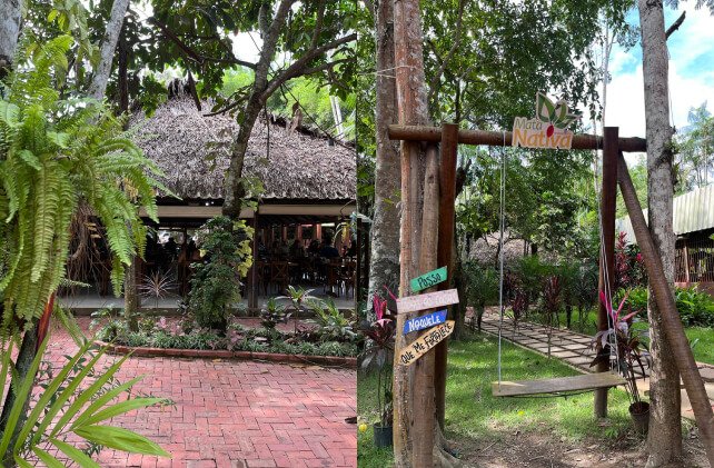 Ambiente do restaurante Mata Nativa com jardim e balanço em meio à natureza em Rio Branco Acre