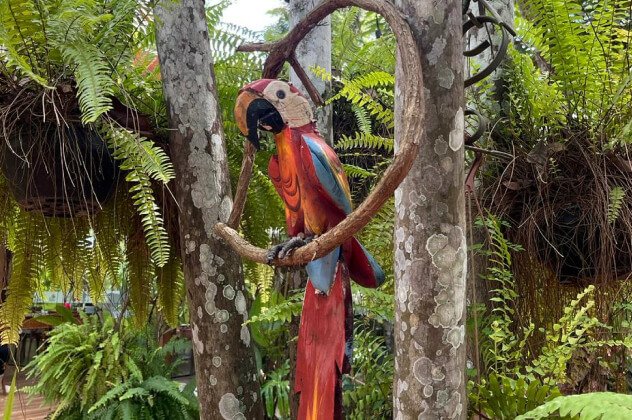 Escultura de arara em meio à vegetação no restaurante Mata Nativa em Rio Branco Acre